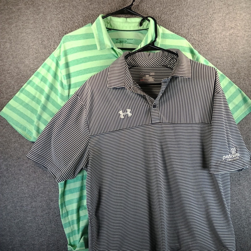 Lot‎ of 2 Under Armour Loose Polos Mens L Striped Logo Heatgear Golf Lightweight